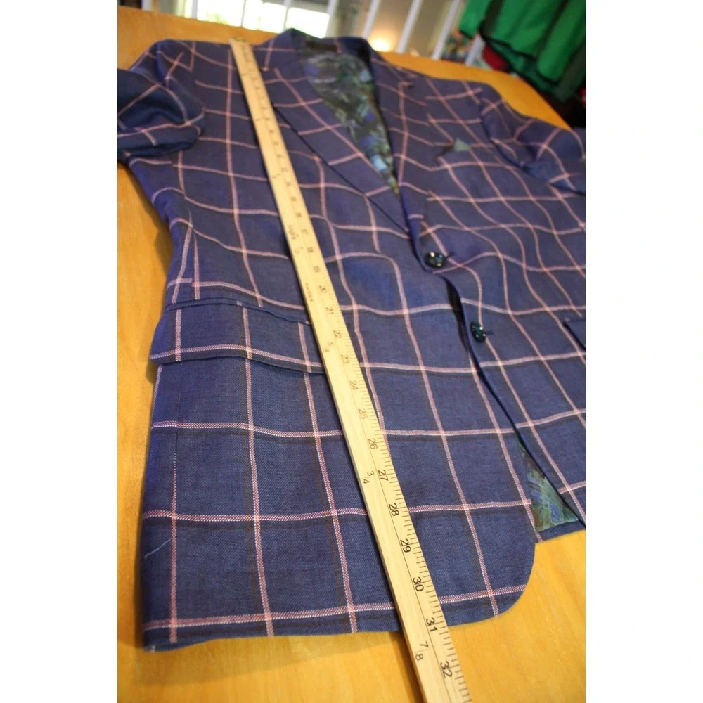 Tallia Mens Sport Coat Blue Linen Size 46R Two-Button Closure Windowpane Jacket
